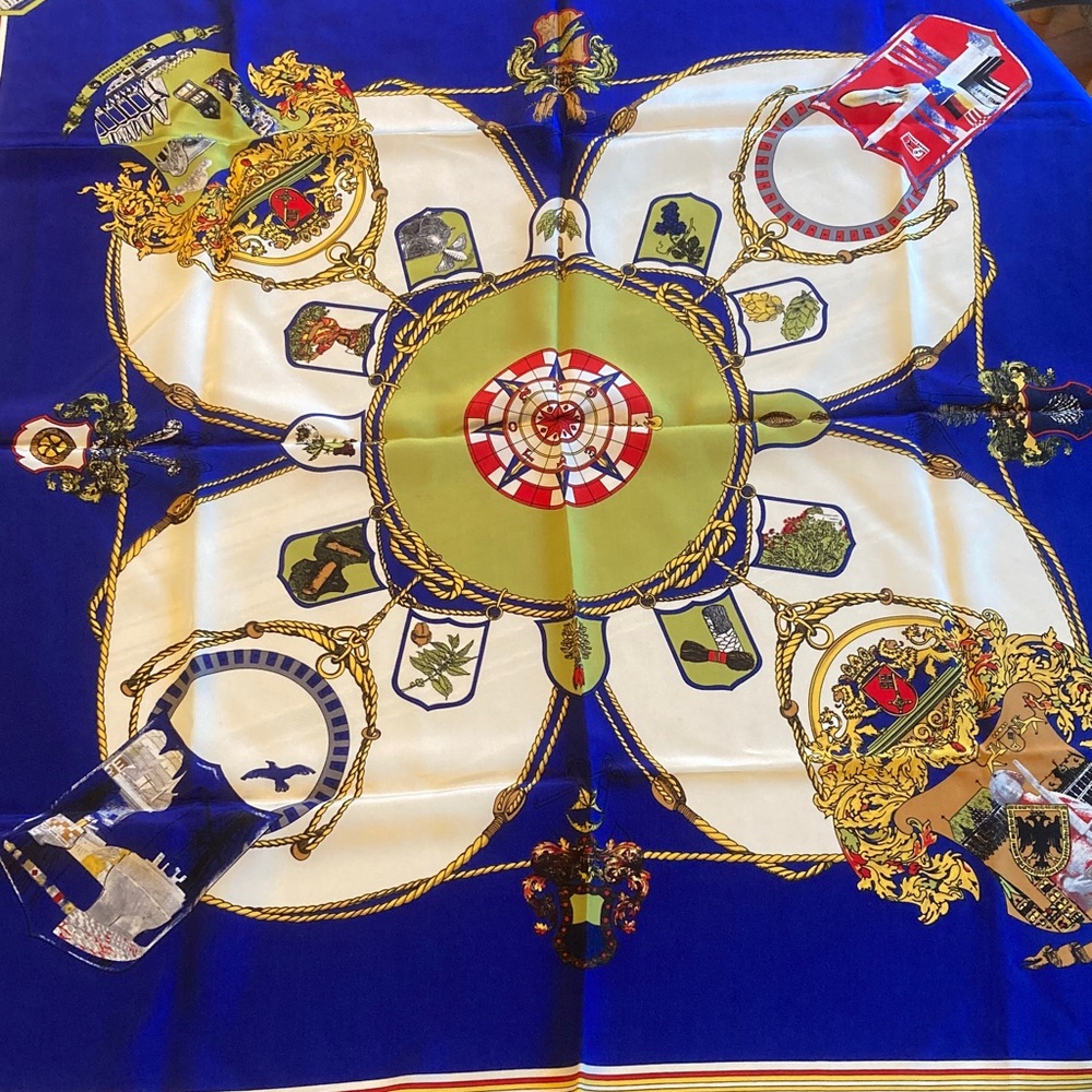 Elegant Blue, Red and Gold Silk Scarf 34x34